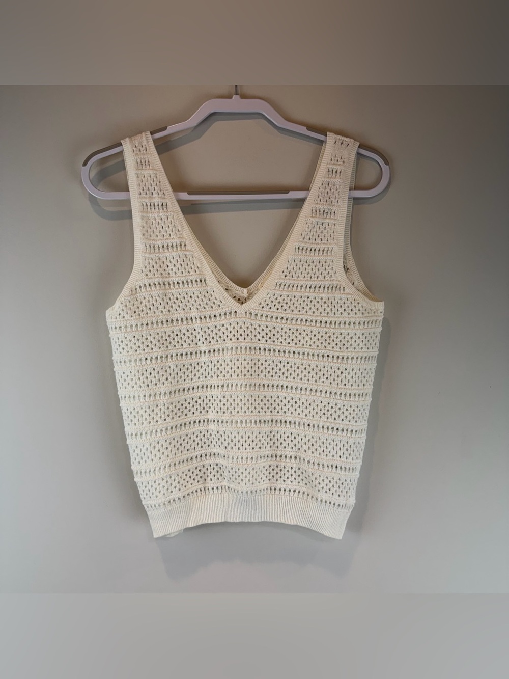 Marine Layer White Finley Open Stitch V-Neck Linen Blend Sweater Tank Top Small